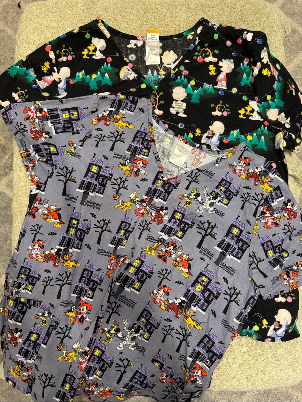 Disney and Peanuts bundle of two scrub shirts:Mickey Halloween, Peanut Christmas
